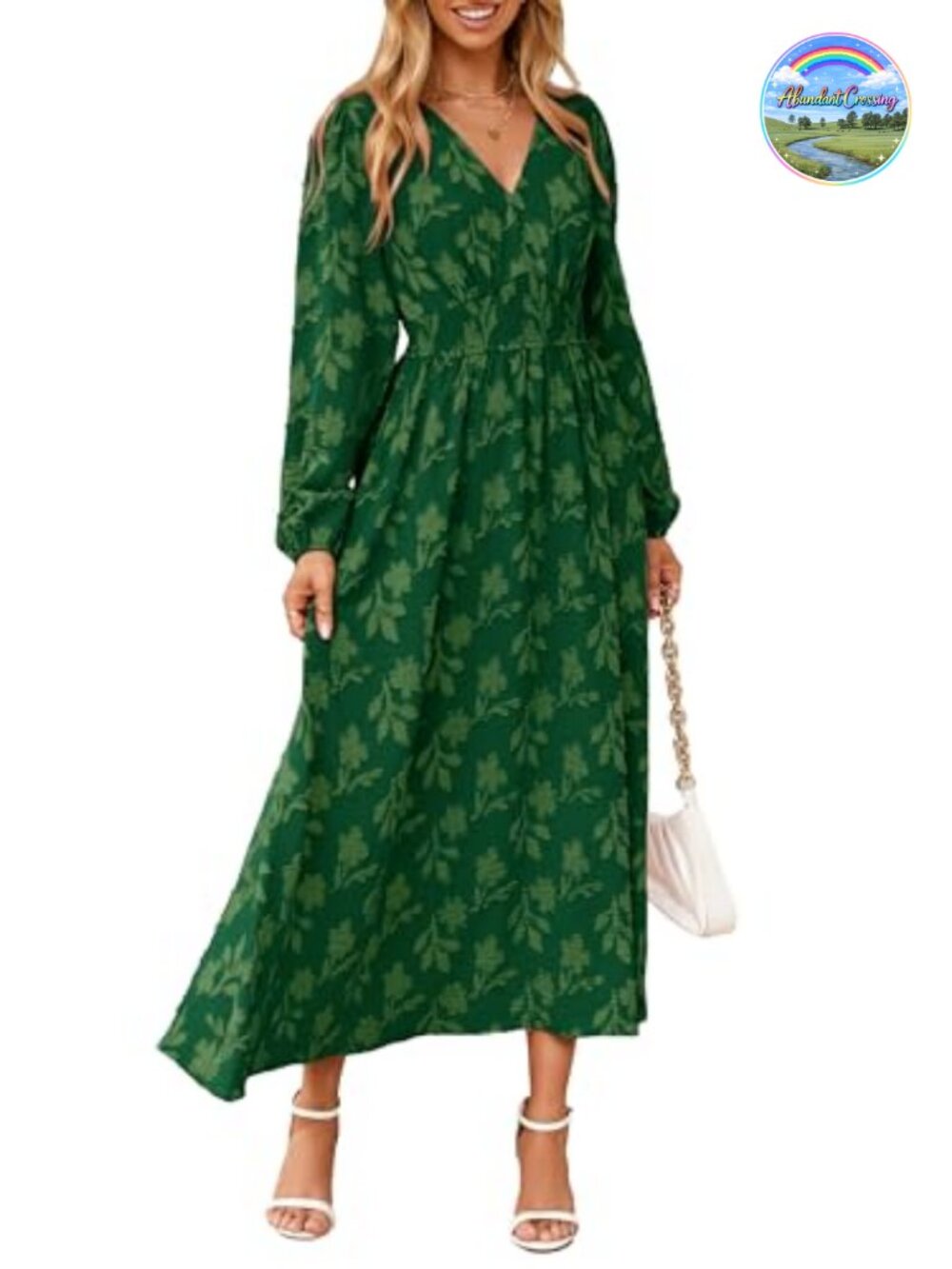 Boho Floral Burnout Maxi Dress Long Sleeve V Neck Empire Waist Semi Formal